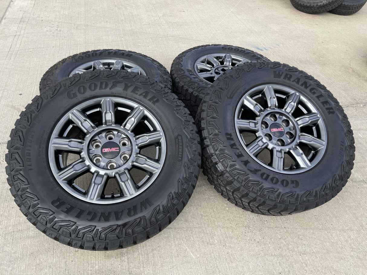 18" GMC Sierra AT4X Chevy Silverado OEM 14131 wheels rims 2025 2026 GOODYEAR M/T Texas Truck Tire