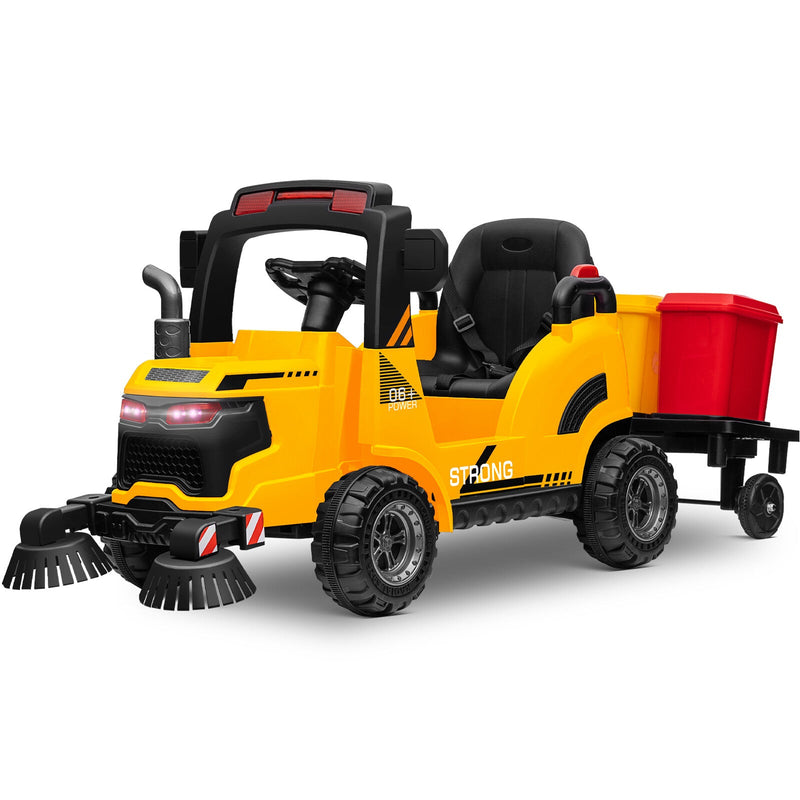 12V Kids Ride-On Construction Sweeper Truck with Trailer and Rubbish Bin Toy Car