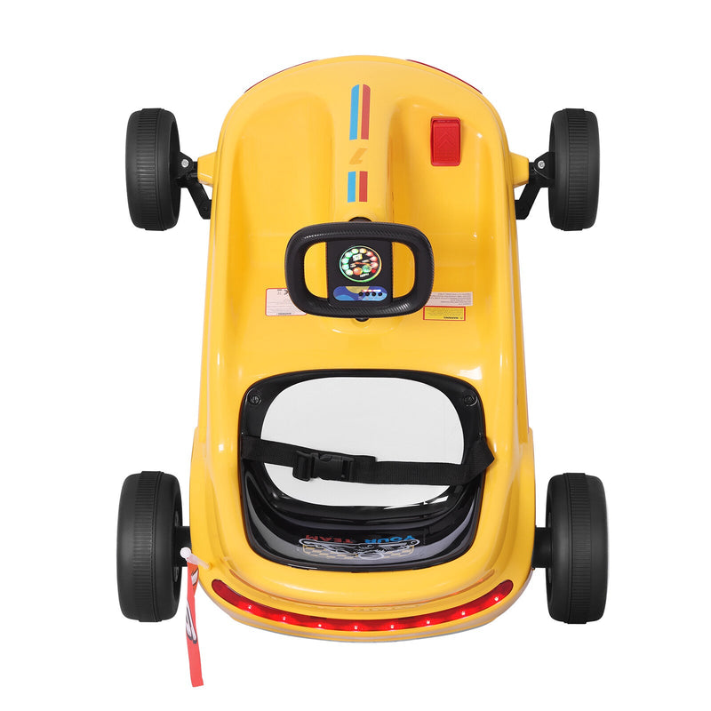 Yellow 12V Battery-Powered Kids Electric Ride-On Go-Kart with 3 Speeds, Music, and Remote Control