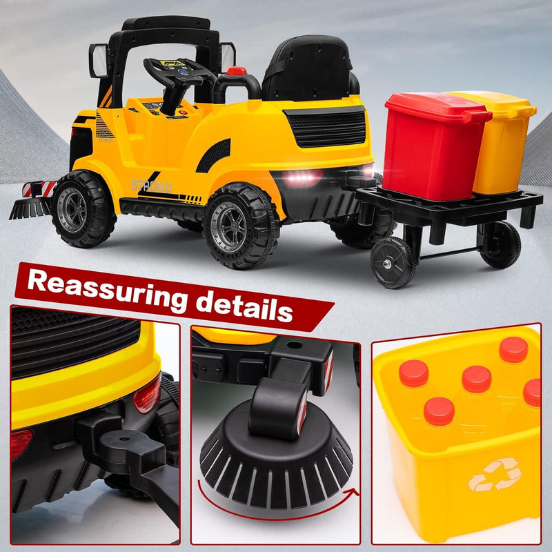 12V Kids Ride-On Construction Sweeper Truck with Trailer and Rubbish Bin Toy Car