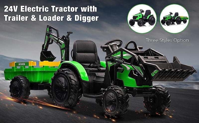 24V Battery-Powered Tractor with Trailer Loader & Digger Remote-Control Ride-on Vehicle