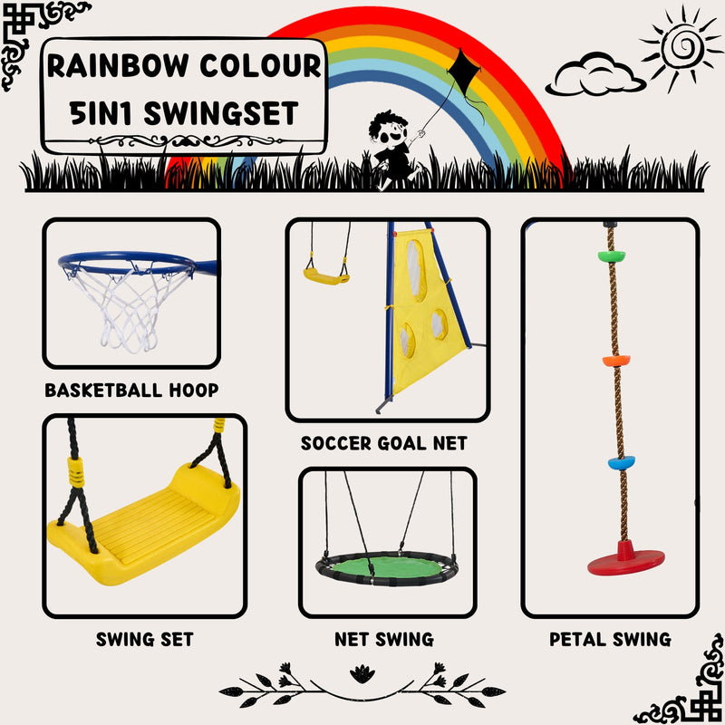 5-in-1 Rainbow Color Swingset with Textilene Swing and Tree Design