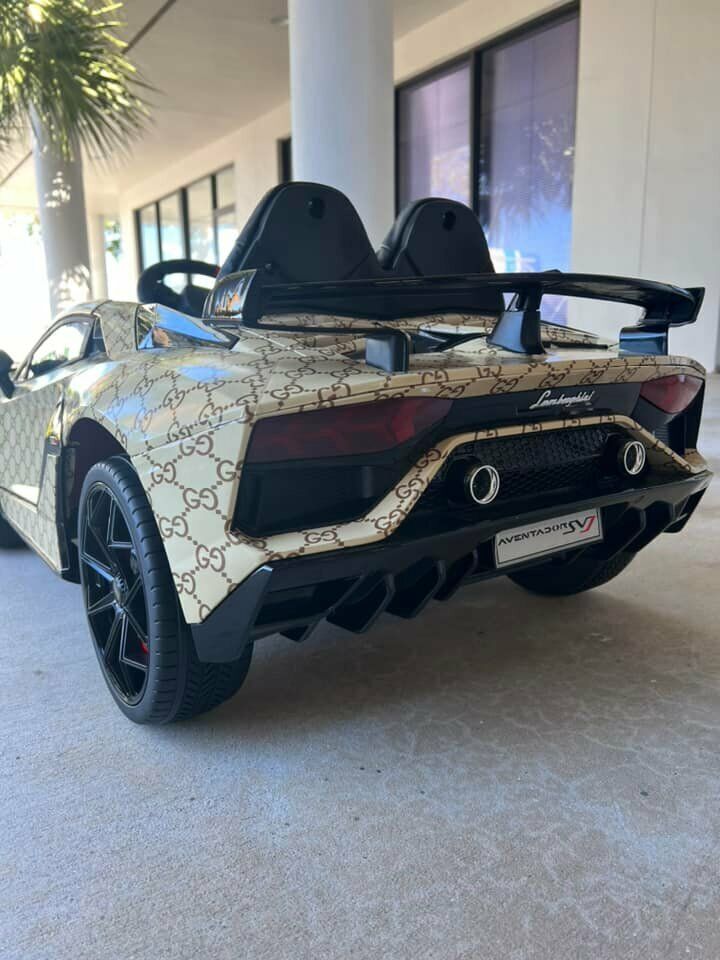 12V Lamborghini Aventador SVJ Children's Ride-On Sports Car with Remote Control and Gucci Wrap