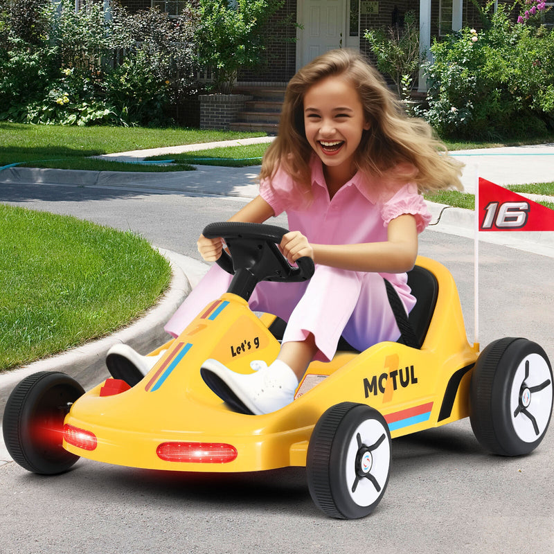 Yellow 12V Battery-Powered Kids Electric Ride-On Go-Kart with 3 Speeds, Music, and Remote Control