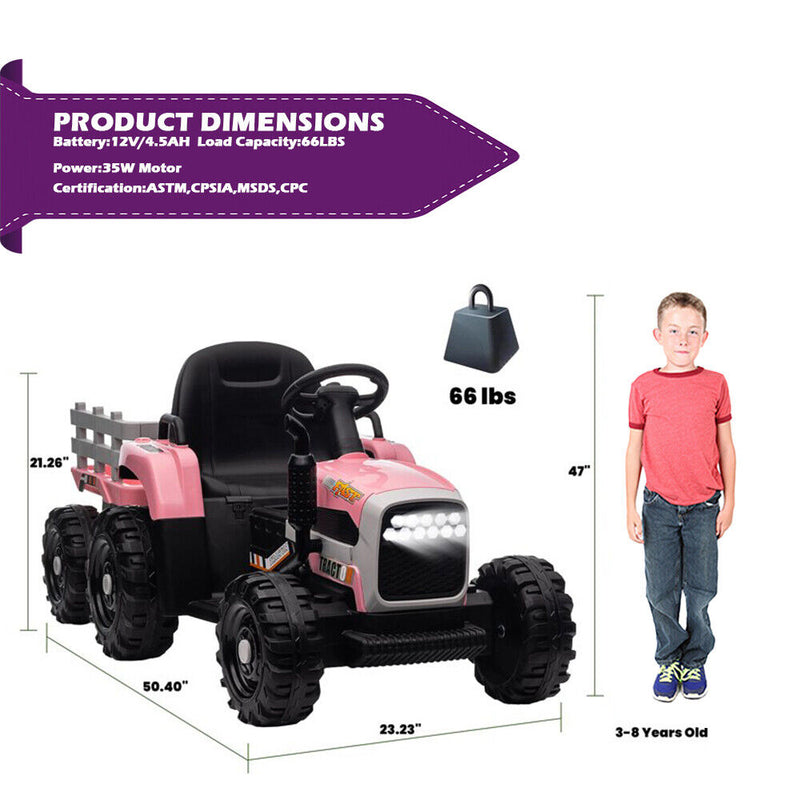 Electric Pink Tractor and Trailer Ride-On Toy for Toddlers (12V)