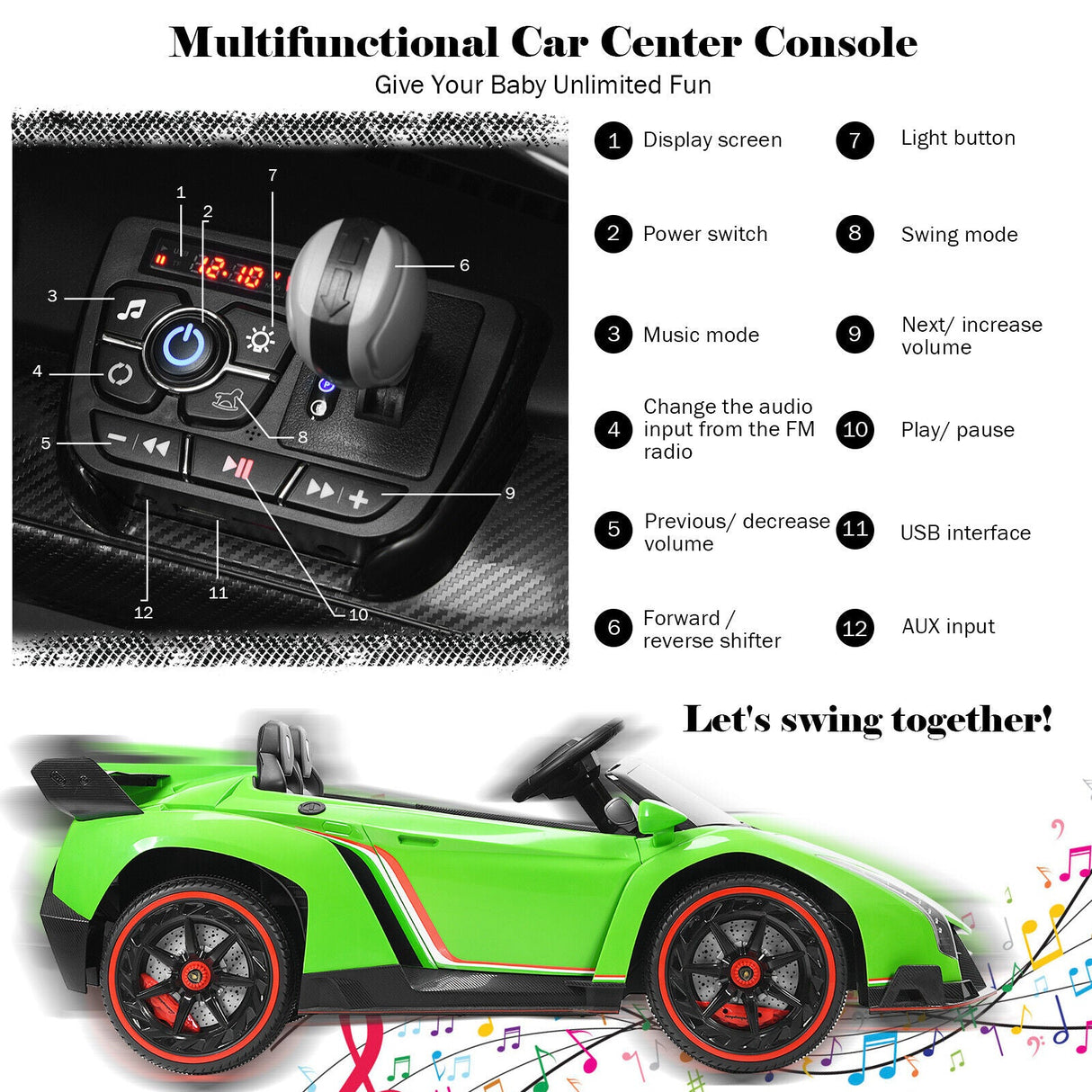 Licensed 12V Lamborghini Kids Ride On Car with RC & Swing Function - Green, 2-Seater