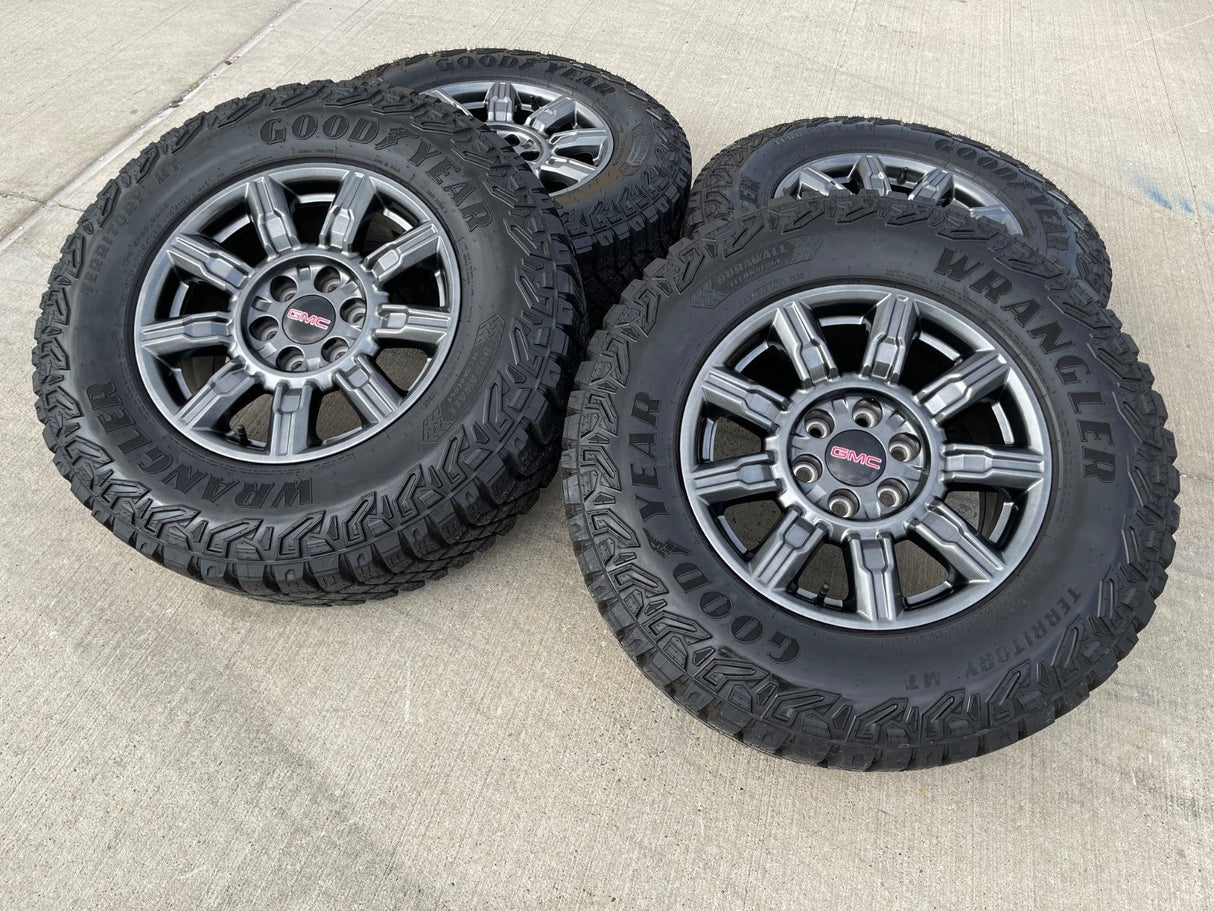 18" GMC Sierra AT4X Chevy Silverado OEM 14131 wheels rims 2025 2026 GOODYEAR M/T Texas Truck Tire