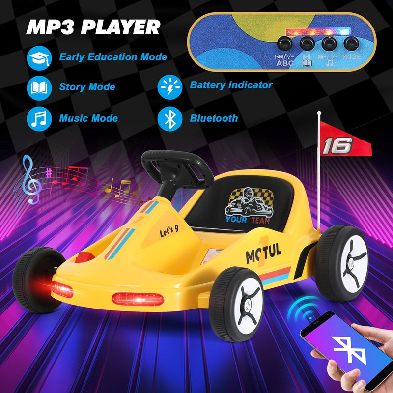 Yellow 12V Battery-Powered Kids Electric Ride-On Go-Kart with 3 Speeds, Music, and Remote Control