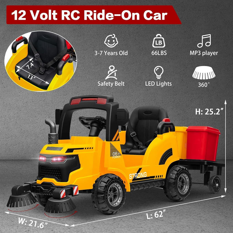 12V Kids Ride-On Construction Sweeper Truck with Trailer and Rubbish Bin Toy Car