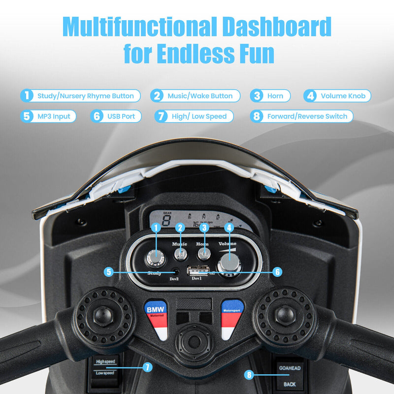 Electric Ride-On Motorcycle for Kids with LED Headlights and Non-Slip Wheels - White