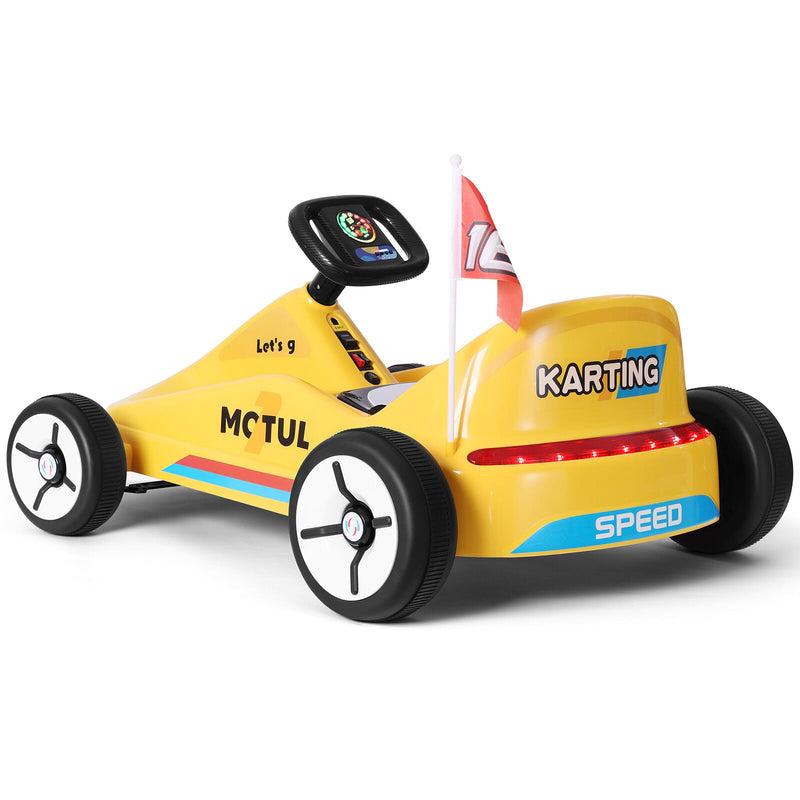 Yellow 12V Battery-Powered Kids Electric Ride-On Go-Kart with 3 Speeds, Music, and Remote Control