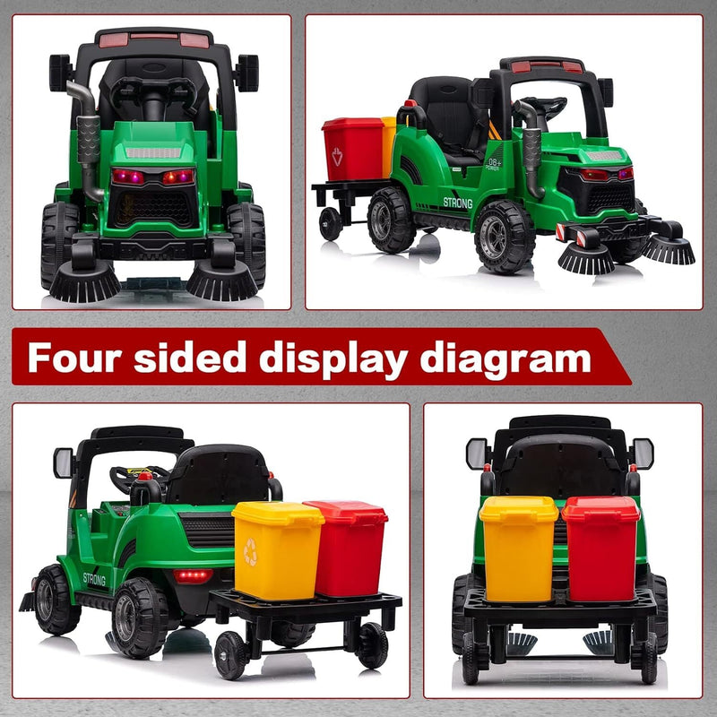 12V Kids Ride-On Construction Sweeper Truck with Trailer and Rubbish Bin Toy Car