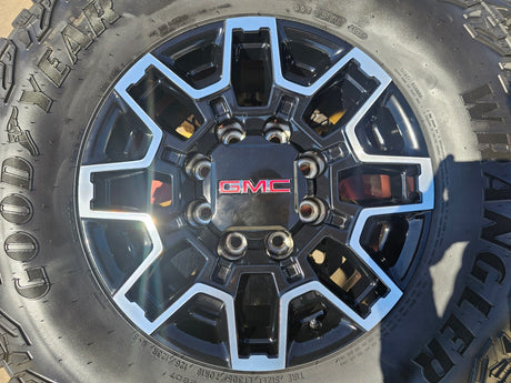18" GMC Sierra AT4X Chevy Trail Boss 2500 OEM 14136 wheels rims GOODYEAR 35" NEW Texas Truck Tire