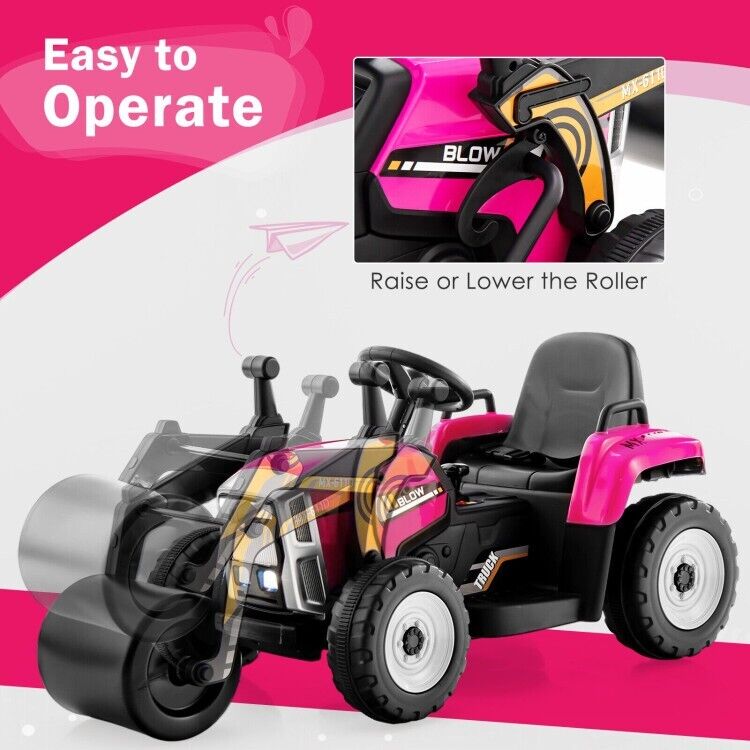 12V Electric Pink Tractor with Remote Control, Music, and LED Lights for Kids