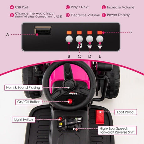 12V Electric Pink Tractor with Remote Control, Music, and LED Lights for Kids