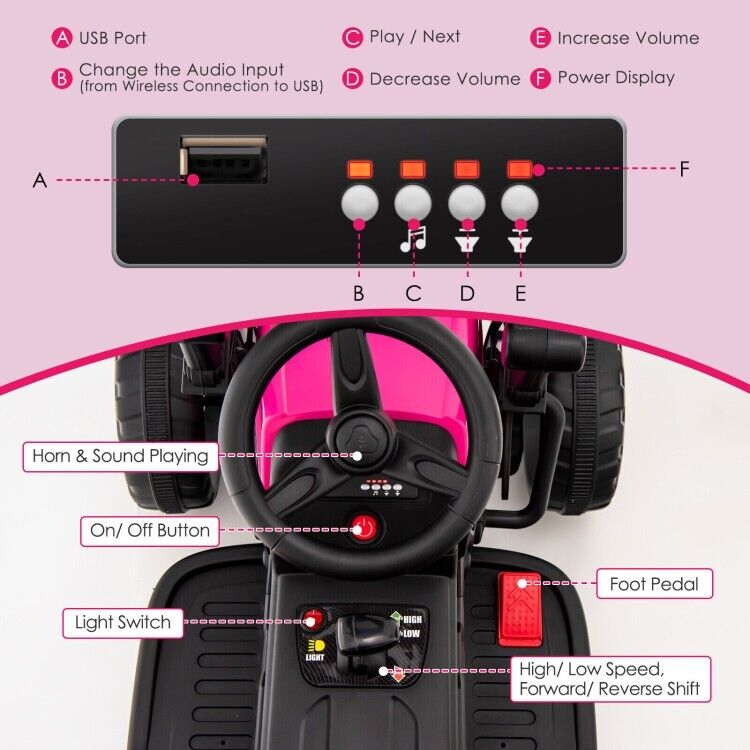 12V Electric Pink Tractor with Remote Control, Music, and LED Lights for Kids