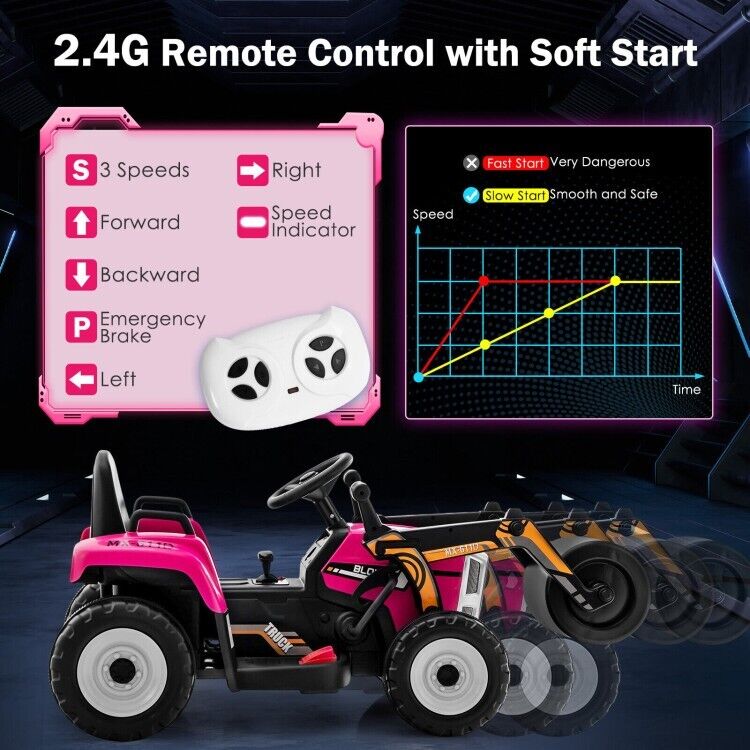 12V Electric Pink Tractor with Remote Control, Music, and LED Lights for Kids