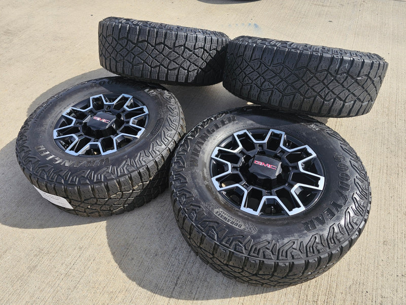 18" GMC Sierra AT4X Chevy Trail Boss 2500 OEM 14136 wheels rims GOODYEAR 35" Texas Truck Tire