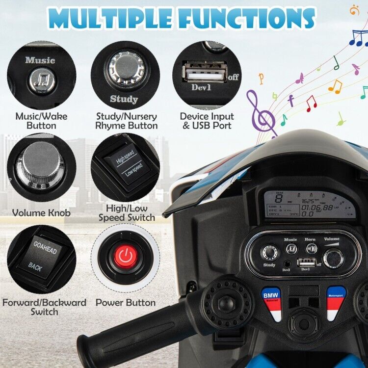 Blue 3-Wheel Electric Ride-On Motorcycle for Kids with Light and Music - 12V, Ages 3-6