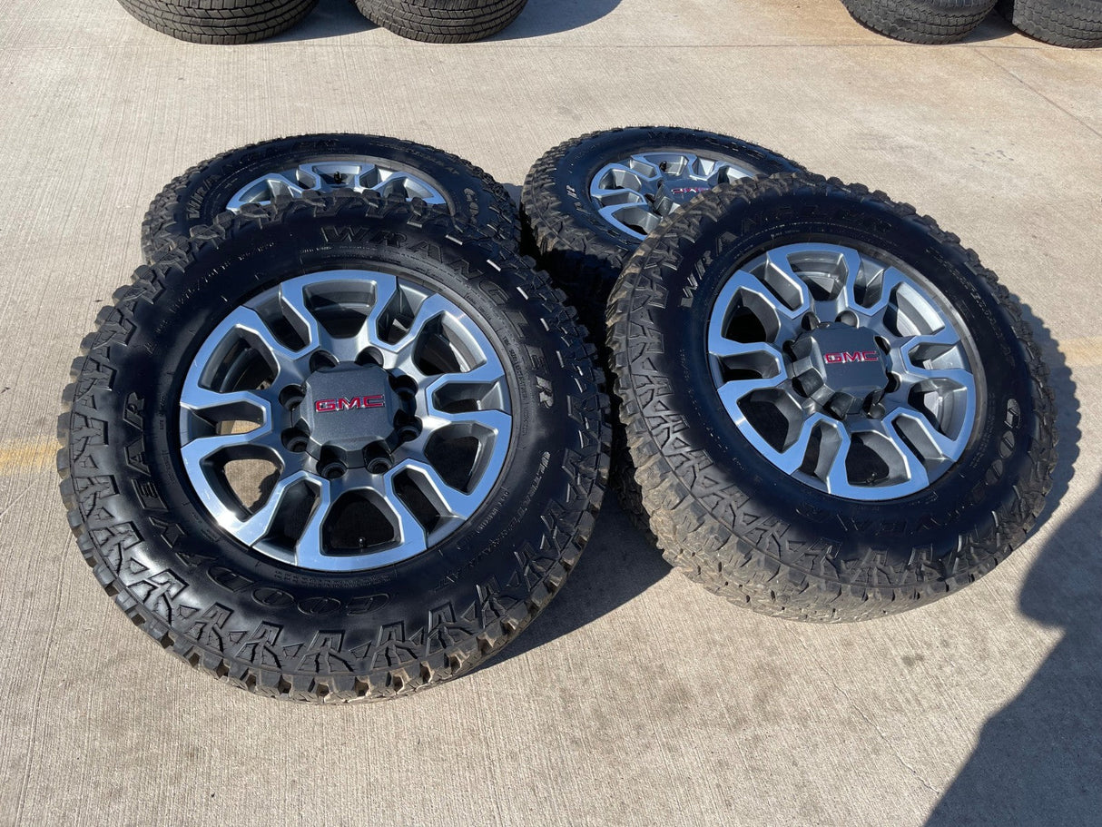 18" GMC Sierra AT4X Chevy Silverado 2500 3500 OEM 5949 wheels rims GOODYEAR A/T Texas Truck Tire