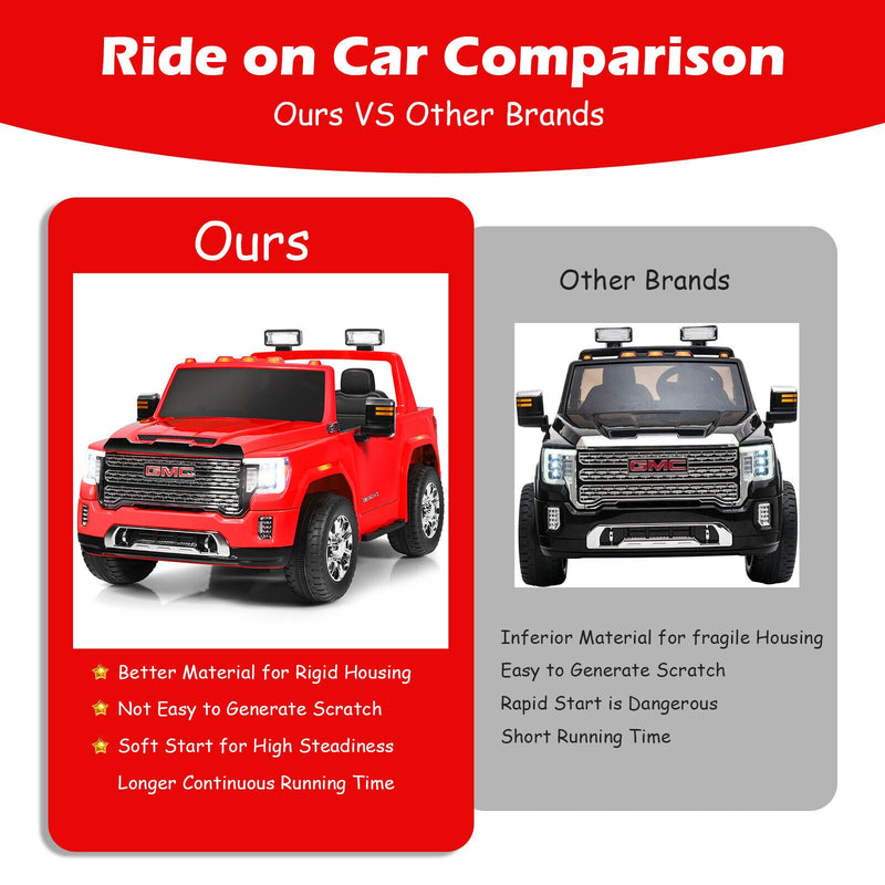 Licensed GMC 2-Seater Kids Ride On Truck with RC Control and Storage Box - Red