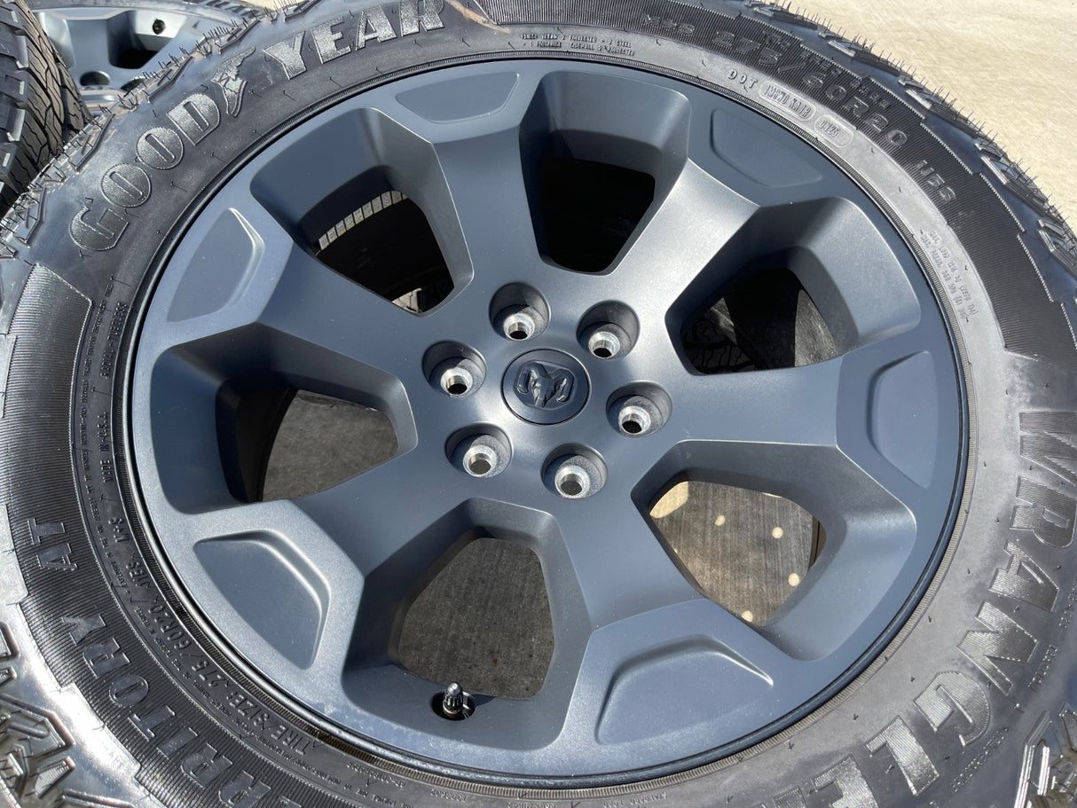 20" Dodge Ram 1500 OEM Laramie Black 2680 wheels rims 2025 2026 GOODYEAR NEW Texas Truck Tire