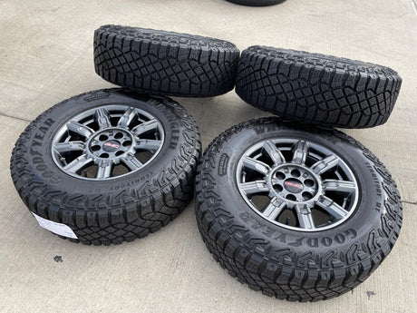 18" GMC Sierra AT4X Chevy Silverado OEM 14131 wheels rims 2025 2026 GOODYEAR M/T Texas Truck Tire