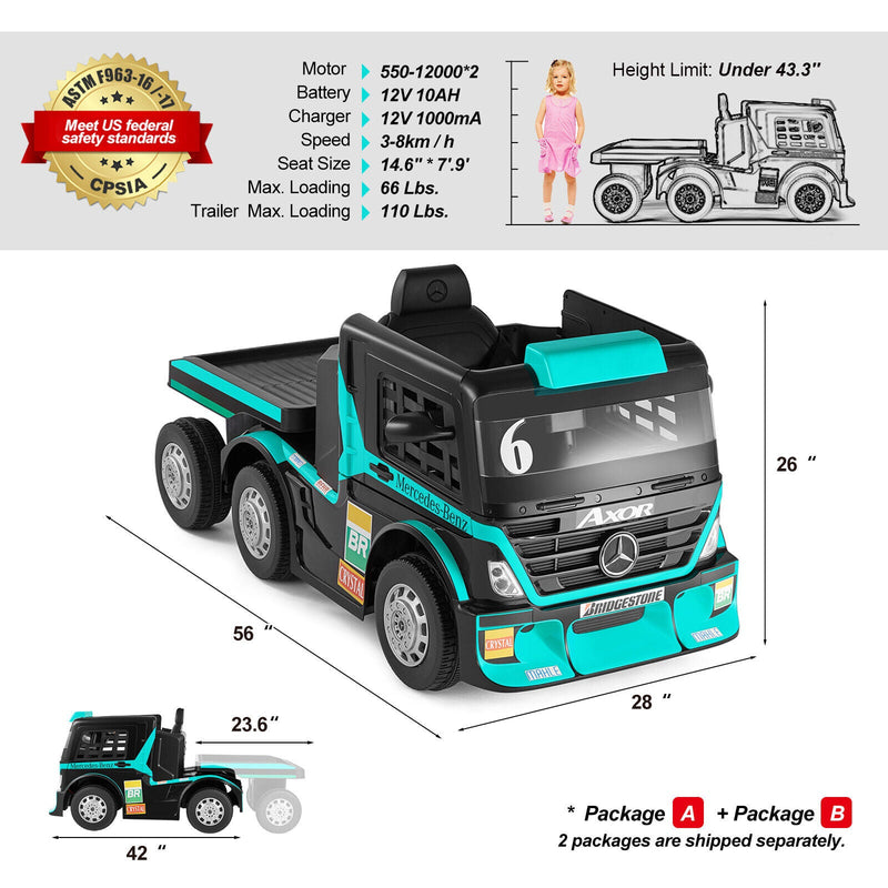 12V10AH Battery Powered Ride-On Truck with Swing Trailer and MP3 Player - 6 Wheels RC Toy for Kids