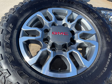 18" GMC Sierra AT4X Chevy Silverado 2500 3500 OEM 5949 wheels rims GOODYEAR A/T Texas Truck Tire