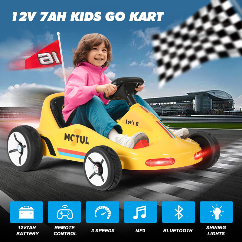 Yellow 12V Battery-Powered Kids Electric Ride-On Go-Kart with 3 Speeds, Music, and Remote Control