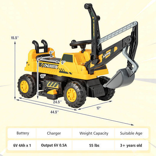 Certified Kids' Electric Bulldozer with Front Digger Shovel - Yellow