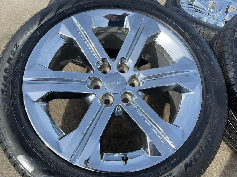 22" GMC Yukon DENALI OEM wheels rims 5667 tires Sierra CHROME PIRELLI Texas Truck Tire