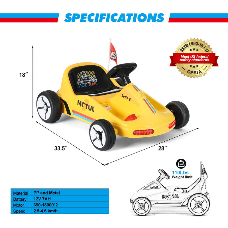 Yellow 12V Battery-Powered Kids Electric Ride-On Go-Kart with 3 Speeds, Music, and Remote Control