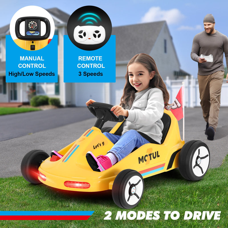 Yellow 12V Battery-Powered Kids Electric Ride-On Go-Kart with 3 Speeds, Music, and Remote Control
