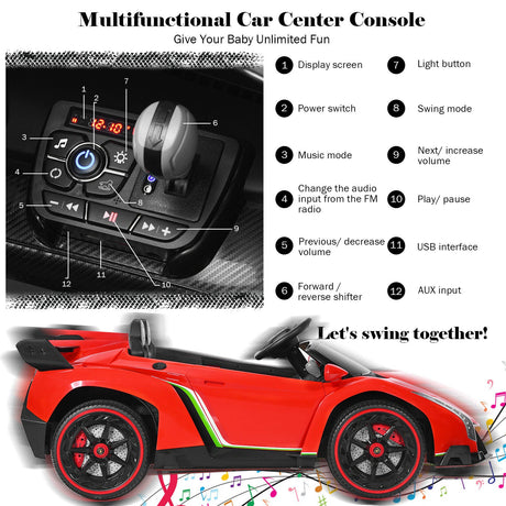 2-Seater Licensed Lamborghini Kids Ride On Car with RC and Swing Function - Red (12V)