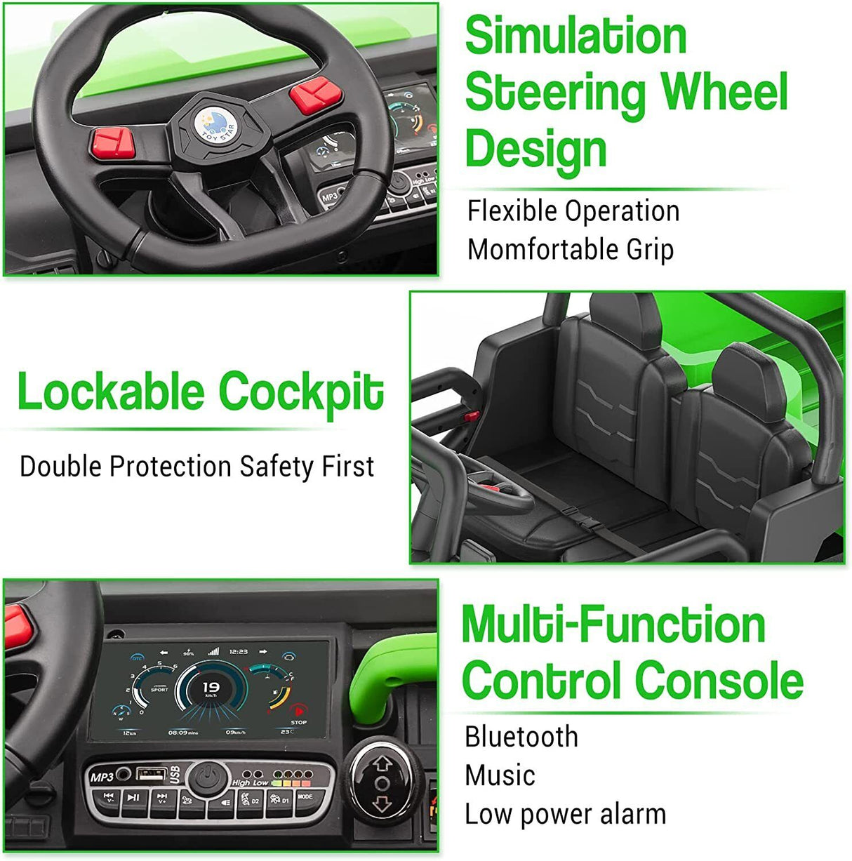 Green 2-Seat Dump Truck Ride-On Toy with 24V Battery Power and 6 Wheels for Kids