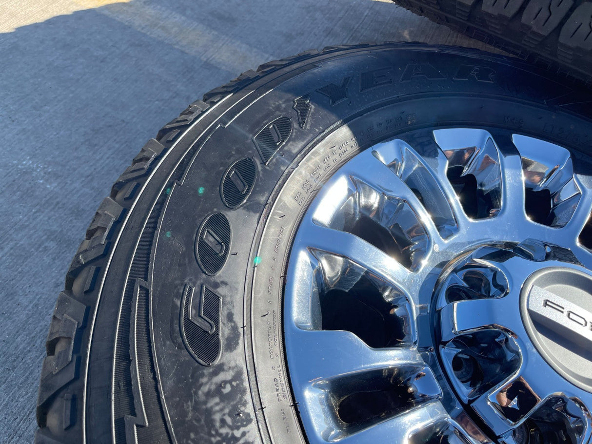 18" Ford F-250 F-350 OEM rims wheels 10290 chrome tires GOODYEAR WORKHORSE A/T Texas Truck Tire