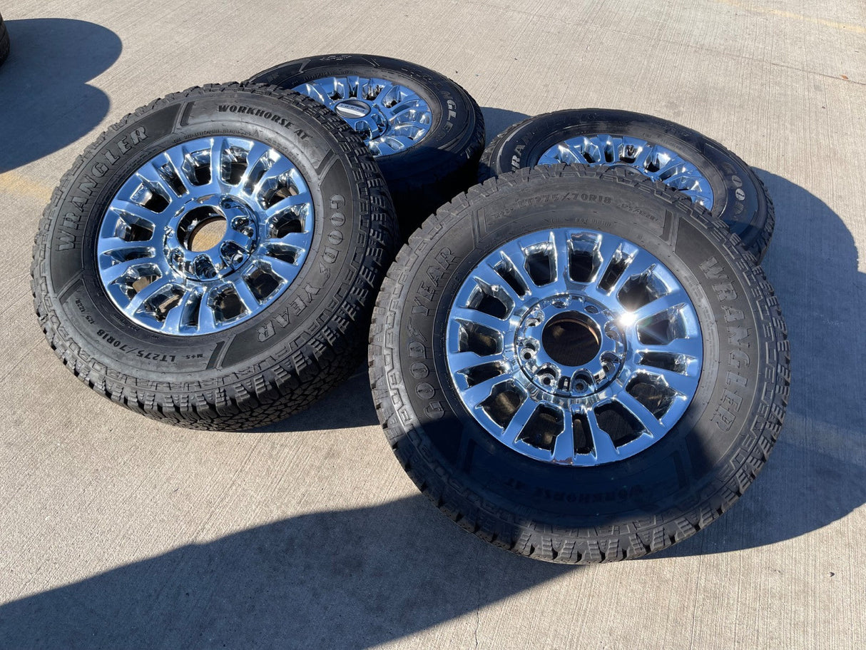 18" Ford F-250 F-350 OEM rims wheels 10290 chrome tires GOODYEAR WORKHORSE A/T Texas Truck Tire