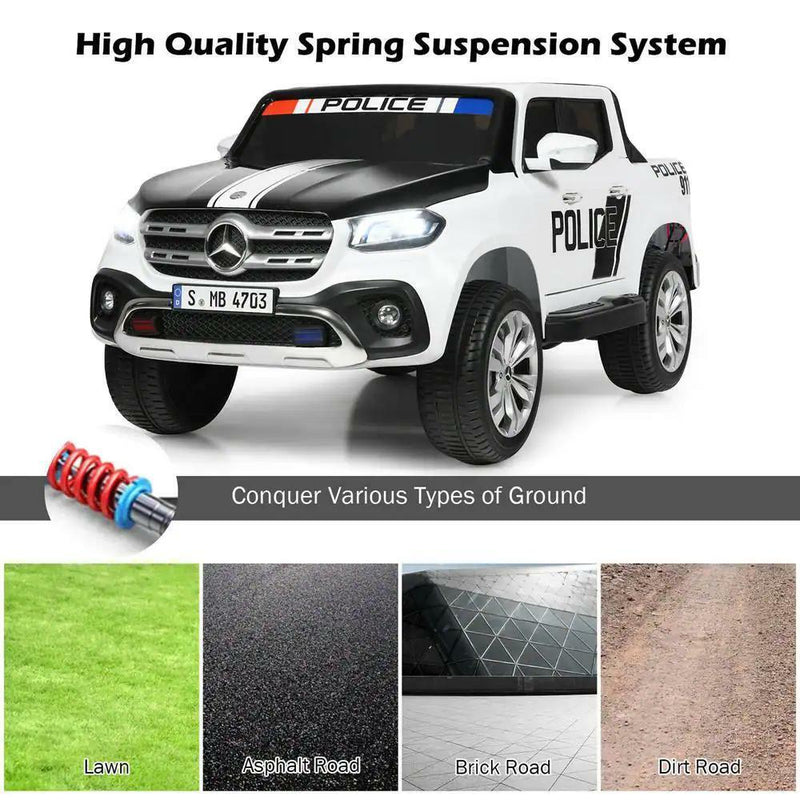 Police Car Ride-On Toy for Kids - 2 Seater Licensed Mercedes Benz X Class RC Trunk