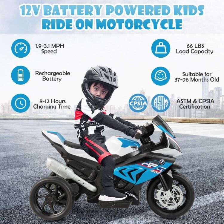 Blue 3-Wheel Electric Ride-On Motorcycle for Kids with Light and Music - 12V, Ages 3-6