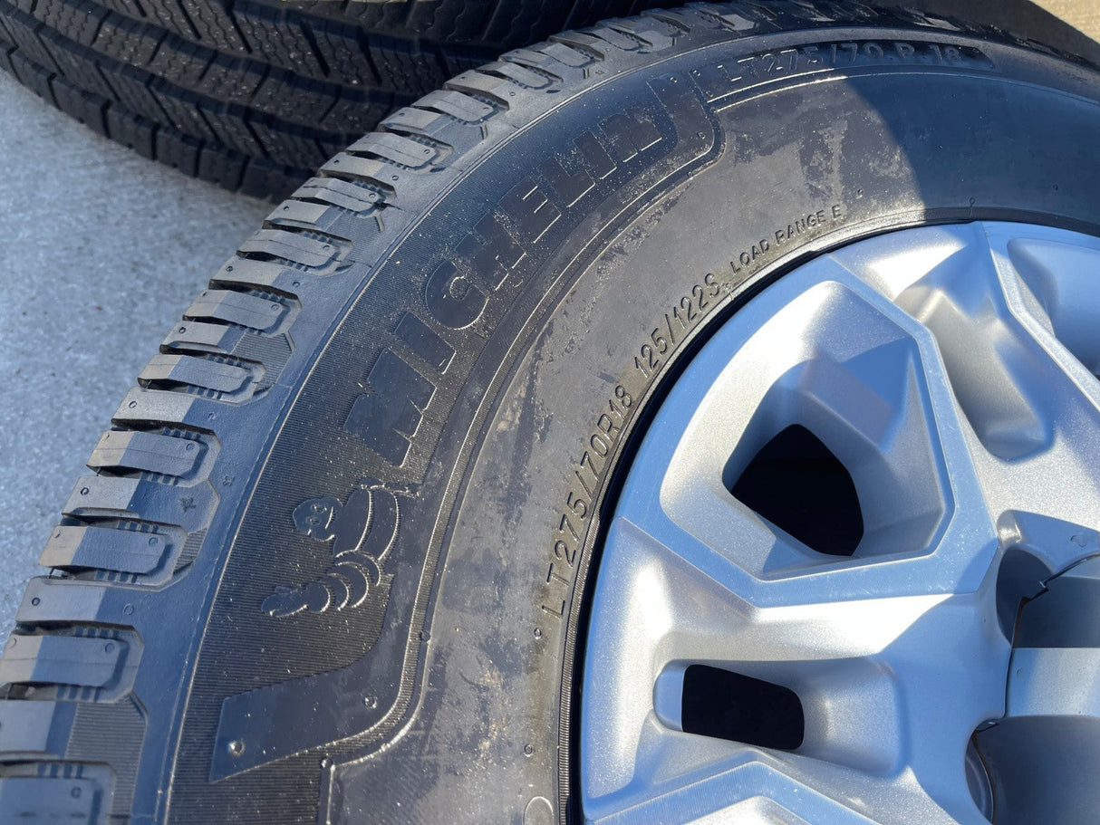 18" Chevy Silverado 2500 3500 OEM 5959 wheels rims MICHELIN DEFENDER LTX M/S2 Texas Truck Tire