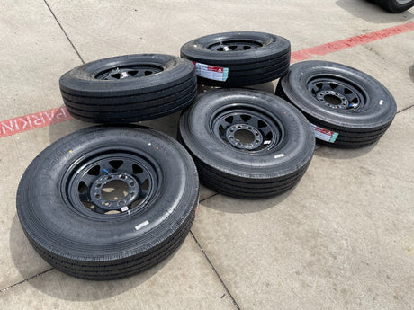 (5) 16x6 16" Dexstar Steel Trailer Gloss Black Wheels Rims Tires 14 PLY 8x6.5 Texas Truck Tire
