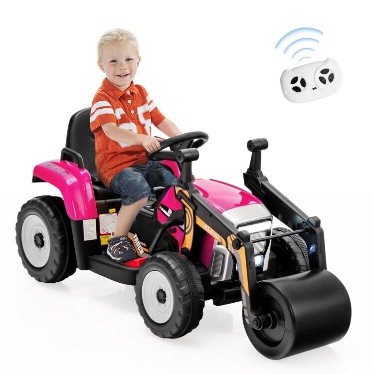 12V Electric Pink Tractor with Remote Control, Music, and LED Lights for Kids