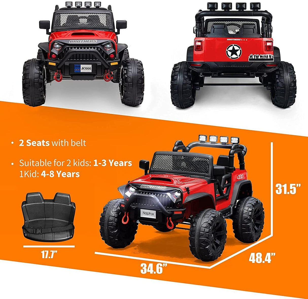 12V Battery Powered Electric Ride On Car for Kids with 2 Seats - Red, 8.4