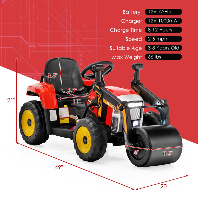 12V Electric Tractor for Kids with Remote Control, LED Lights, and Music - Red