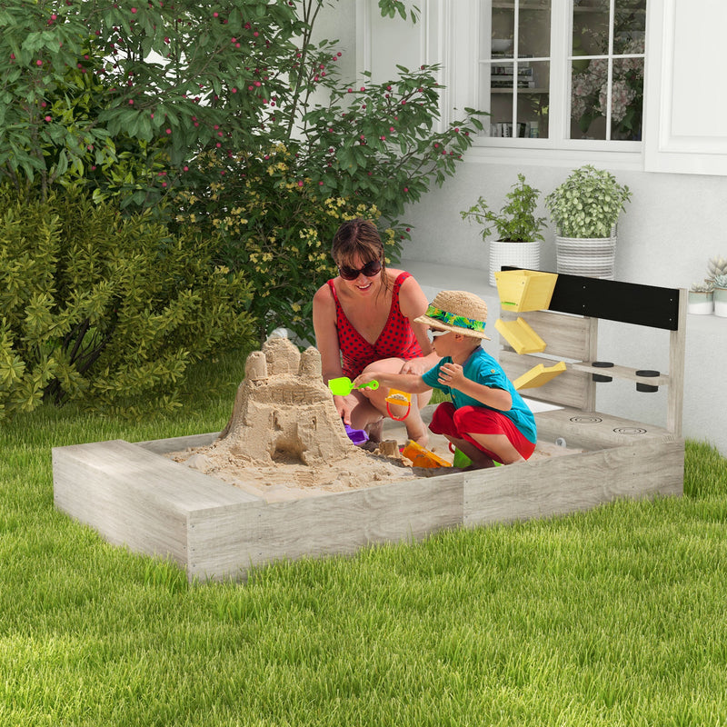 Wooden Sandbox with Liner and Kitchen Sink Design for Ages 3-7 Years Gray