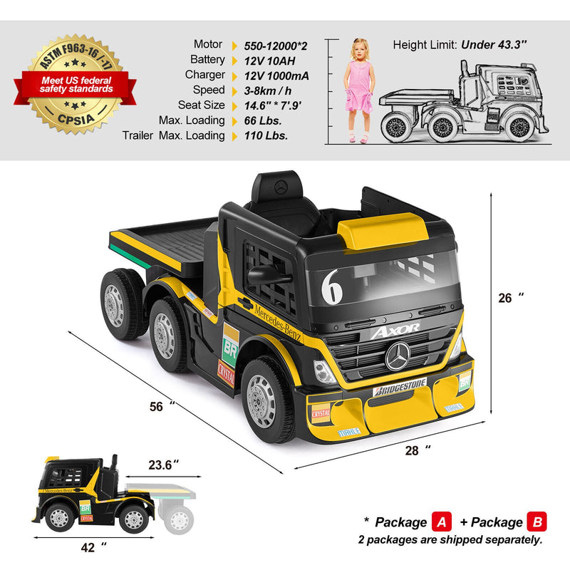 12V10AH Battery-Powered Ride On Truck with Swing Trailer and RC Control for Kids - MP3 Compatible, 6 Wheels