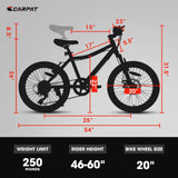 20 Inch Kids' Mountain Bike for Boys and Girls Ages 7-12 with 7-Speed Gear