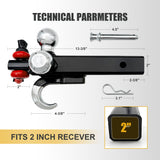Trucktok 2" Hitch Receiver 3-Ball with Swivel Shackle Hook & Key Lock TruckTok