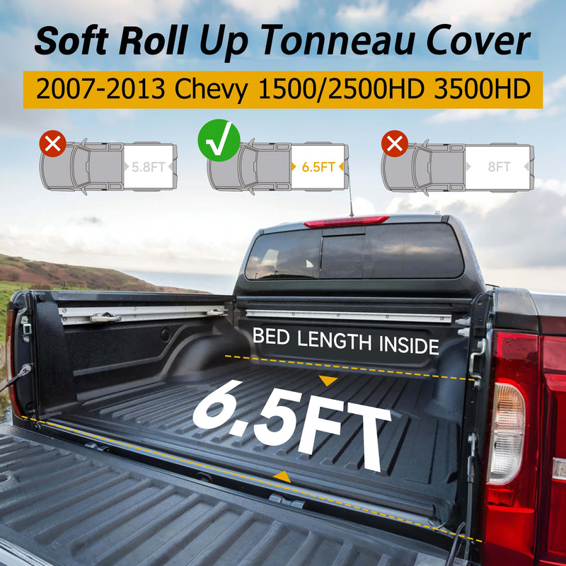 Trucktok 2007-2013 Chevy Silverado Sierra 6.5FT Soft Roll Up Tonneau Cover Bed TruckTok